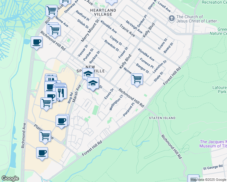 map of restaurants, bars, coffee shops, grocery stores, and more near 43 Mercury Lane in Staten Island