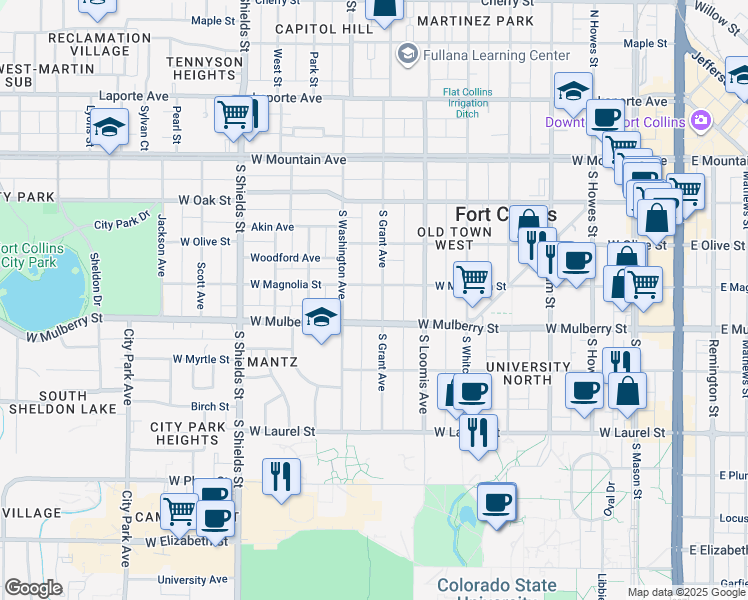 map of restaurants, bars, coffee shops, grocery stores, and more near 409 South Grant Avenue in Fort Collins