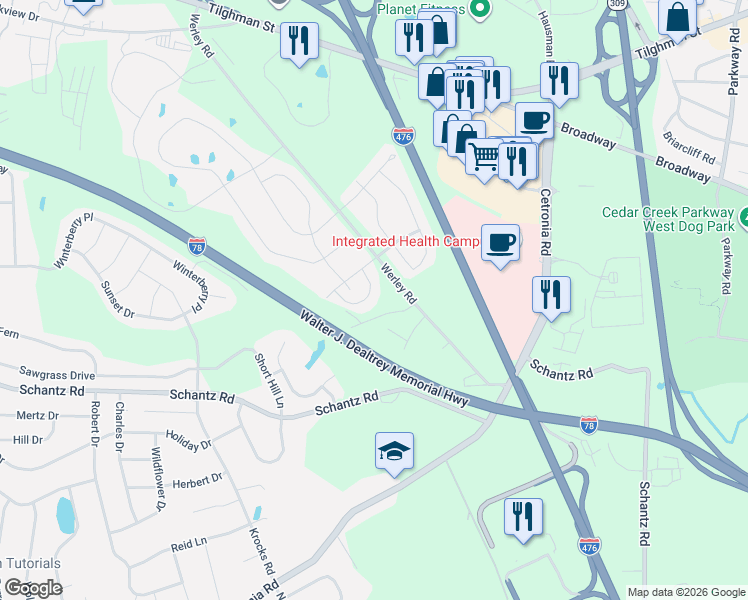 map of restaurants, bars, coffee shops, grocery stores, and more near 241 Snapdragon Way in Allentown