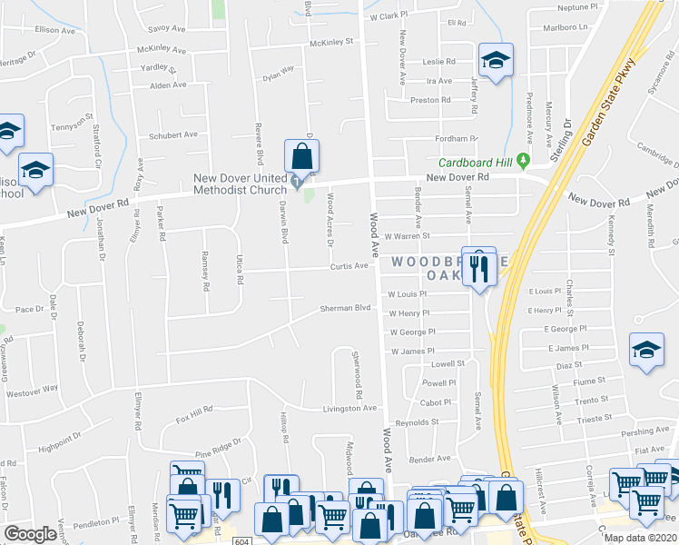 map of restaurants, bars, coffee shops, grocery stores, and more near 671 Curtis Avenue in Edison