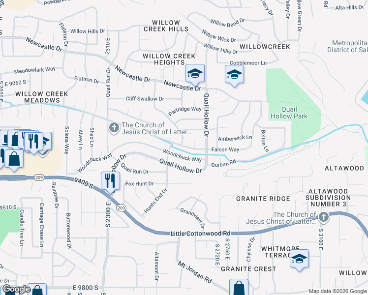 map of restaurants, bars, coffee shops, grocery stores, and more near 2588 Falcon Way in Sandy
