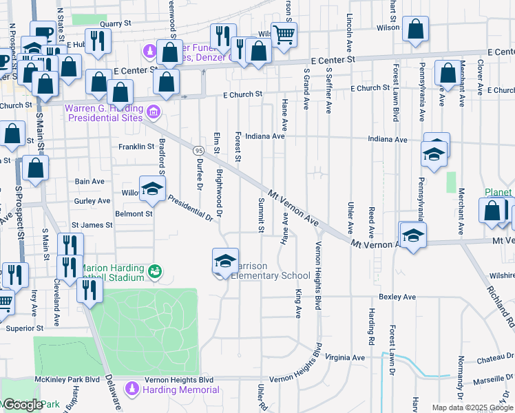 map of restaurants, bars, coffee shops, grocery stores, and more near 429 Summit Street in Marion