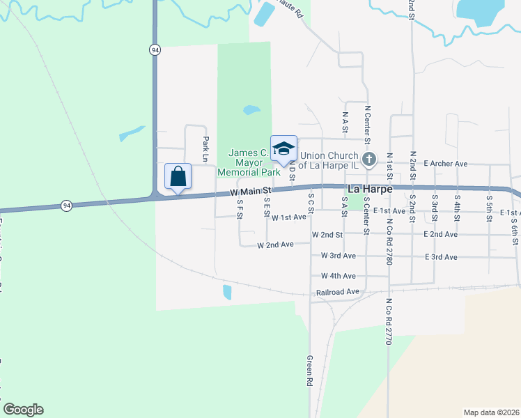 map of restaurants, bars, coffee shops, grocery stores, and more near 104 South E Street in La Harpe