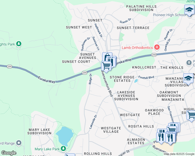map of restaurants, bars, coffee shops, grocery stores, and more near 1350 Buenaventura Boulevard in Redding