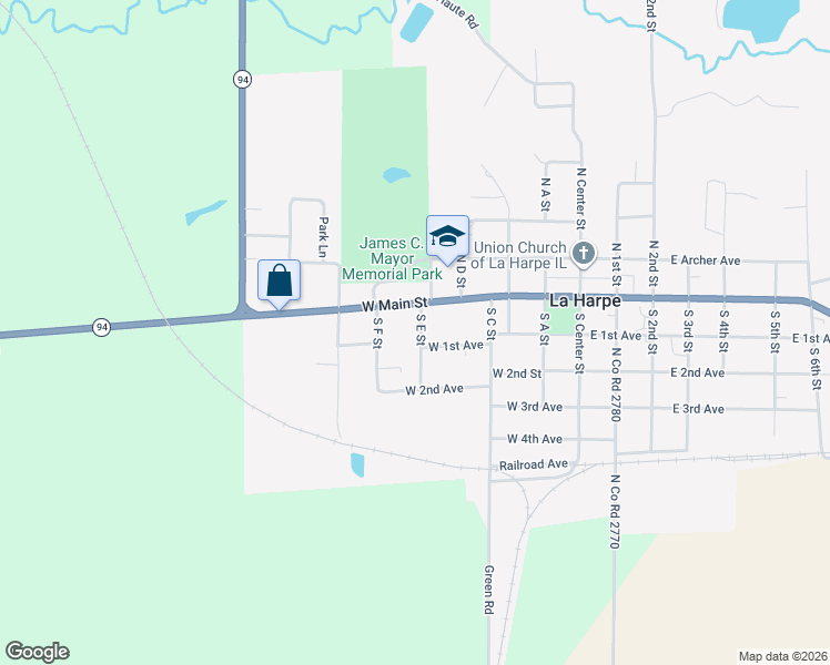 map of restaurants, bars, coffee shops, grocery stores, and more near 104 South E Street in La Harpe