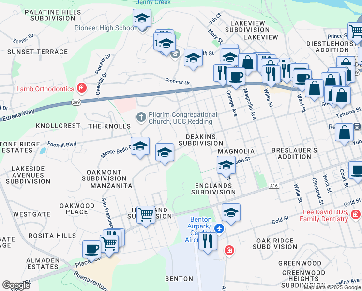 map of restaurants, bars, coffee shops, grocery stores, and more near 2680 Shasta Street in Redding