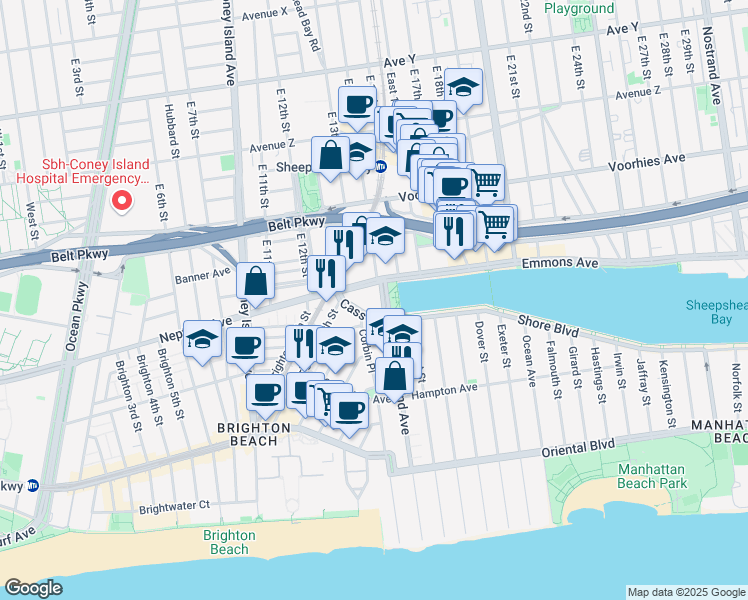 map of restaurants, bars, coffee shops, grocery stores, and more near 10 Shore Boulevard in Brooklyn