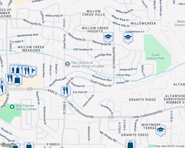map of restaurants, bars, coffee shops, grocery stores, and more near 9294 Peacock Drive in Sandy