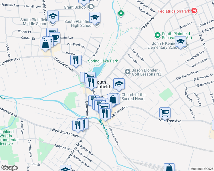 map of restaurants, bars, coffee shops, grocery stores, and more near 122 Lincoln Avenue in South Plainfield