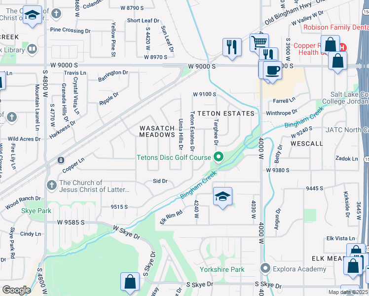 map of restaurants, bars, coffee shops, grocery stores, and more near 9299 Uinta Hills Dr in West Jordan