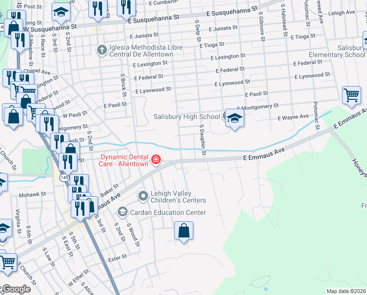 map of restaurants, bars, coffee shops, grocery stores, and more near 2027 Cypress Avenue in Allentown