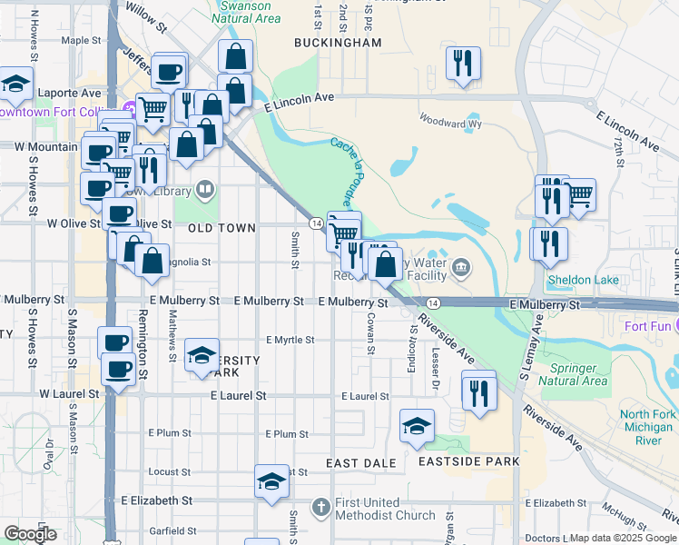 map of restaurants, bars, coffee shops, grocery stores, and more near 406 Stover Street in Fort Collins