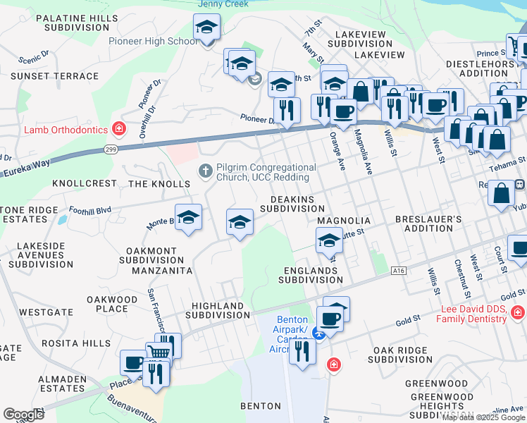 map of restaurants, bars, coffee shops, grocery stores, and more near 2680 Shasta Street in Redding