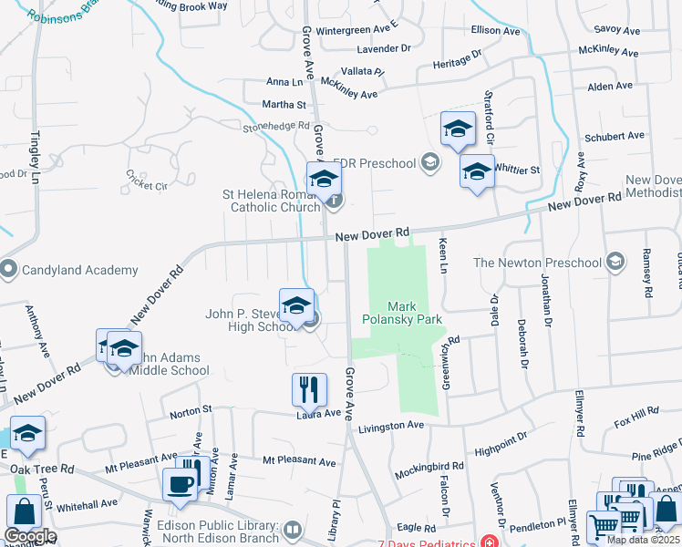 map of restaurants, bars, coffee shops, grocery stores, and more near 879 Grove Avenue in Edison