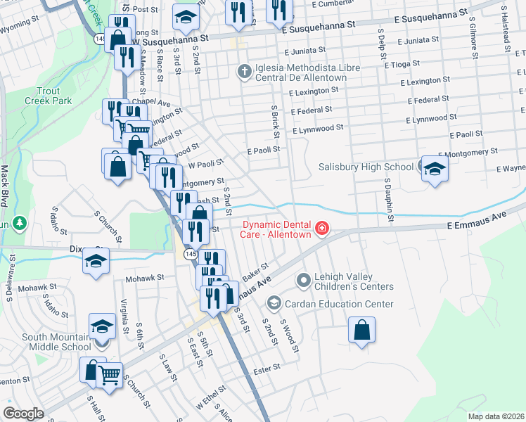 map of restaurants, bars, coffee shops, grocery stores, and more near 103 Brookdale Street in Allentown