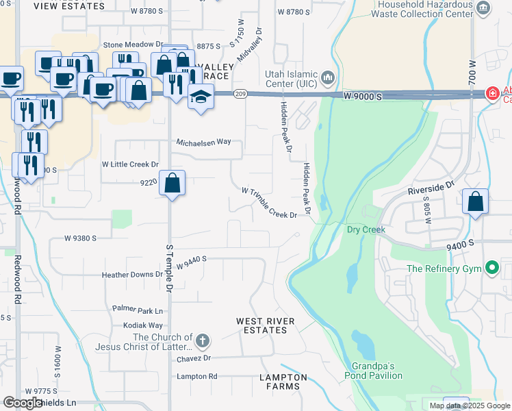 map of restaurants, bars, coffee shops, grocery stores, and more near 9287 Avignon Place in West Jordan