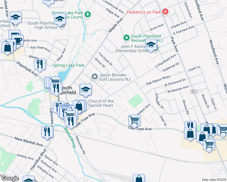 map of restaurants, bars, coffee shops, grocery stores, and more near 265 South Plainfield Avenue in South Plainfield