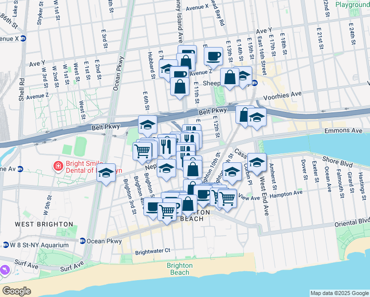 map of restaurants, bars, coffee shops, grocery stores, and more near 720 Brighton 8th Street in Brooklyn