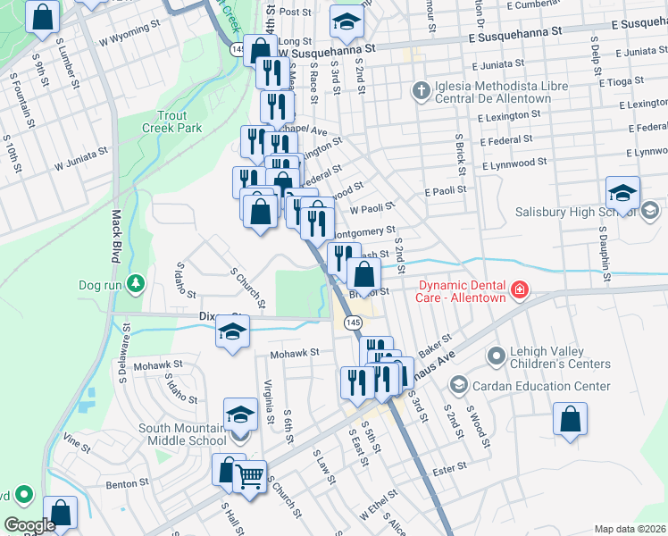 map of restaurants, bars, coffee shops, grocery stores, and more near 1801 South 4th Street in Allentown