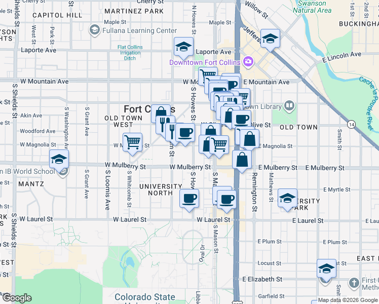 map of restaurants, bars, coffee shops, grocery stores, and more near 417 South Howes Street in Fort Collins