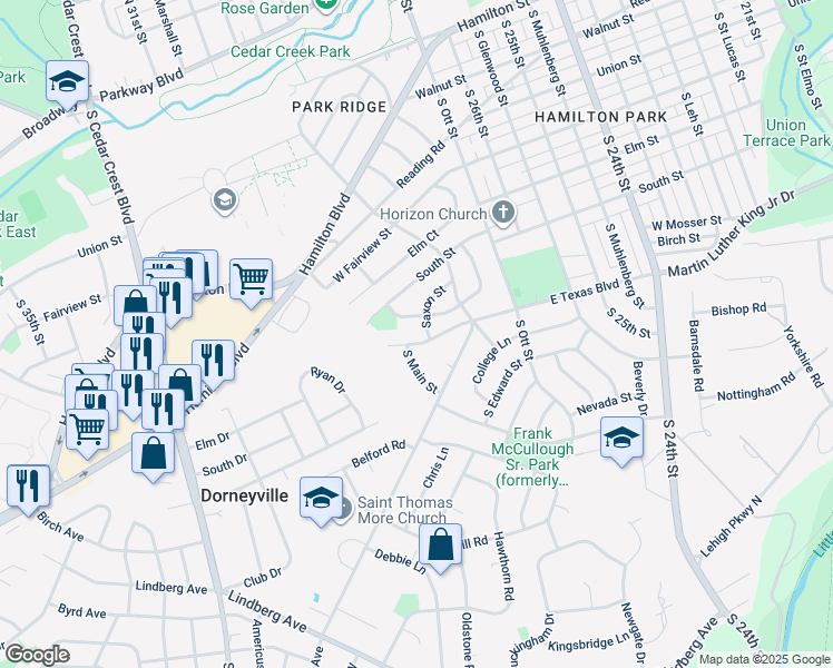 map of restaurants, bars, coffee shops, grocery stores, and more near 2813 E Texas Blvd in Allentown