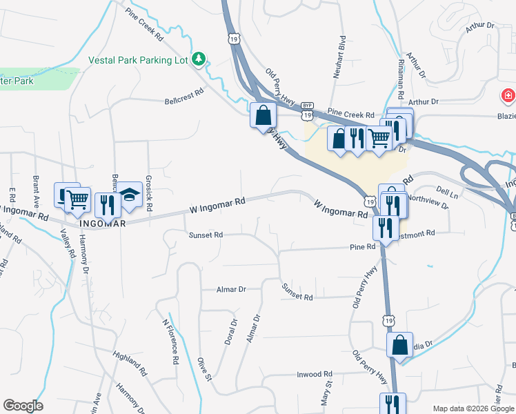 map of restaurants, bars, coffee shops, grocery stores, and more near 281 West Ingomar Road in Pittsburgh