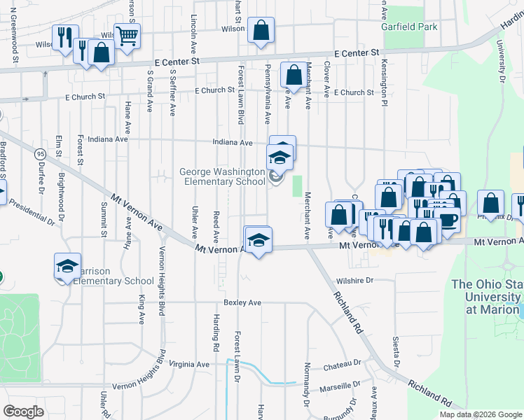map of restaurants, bars, coffee shops, grocery stores, and more near 421 Pennsylvania Avenue in Marion