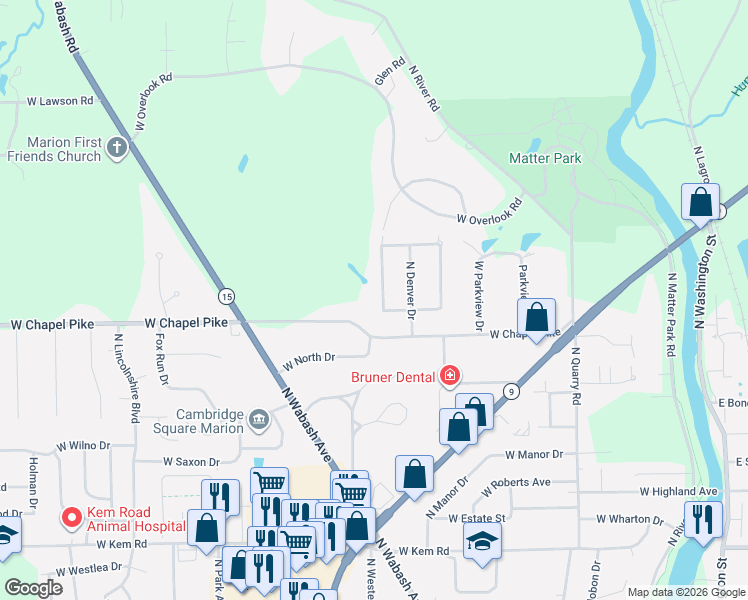 map of restaurants, bars, coffee shops, grocery stores, and more near 1703 North Hawthorne Road in Marion