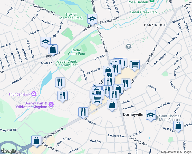 map of restaurants, bars, coffee shops, grocery stores, and more near 317 South 34th Street in Allentown