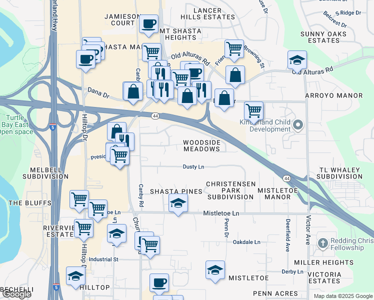 map of restaurants, bars, coffee shops, grocery stores, and more near 1261 Hawthorne Avenue in Redding