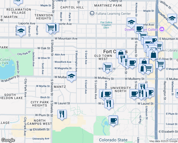 map of restaurants, bars, coffee shops, grocery stores, and more near 409 South Loomis Avenue in Fort Collins