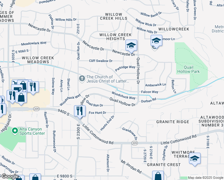 map of restaurants, bars, coffee shops, grocery stores, and more near 9294 Peacock Drive in Sandy