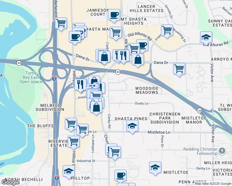 map of restaurants, bars, coffee shops, grocery stores, and more near 1055 Hawthorne Avenue in Redding