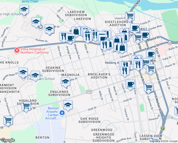 map of restaurants, bars, coffee shops, grocery stores, and more near 2106 Butte Street in Redding