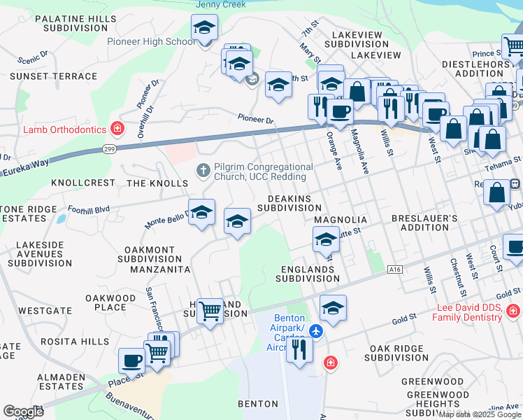map of restaurants, bars, coffee shops, grocery stores, and more near 2680 Shasta Street in Redding