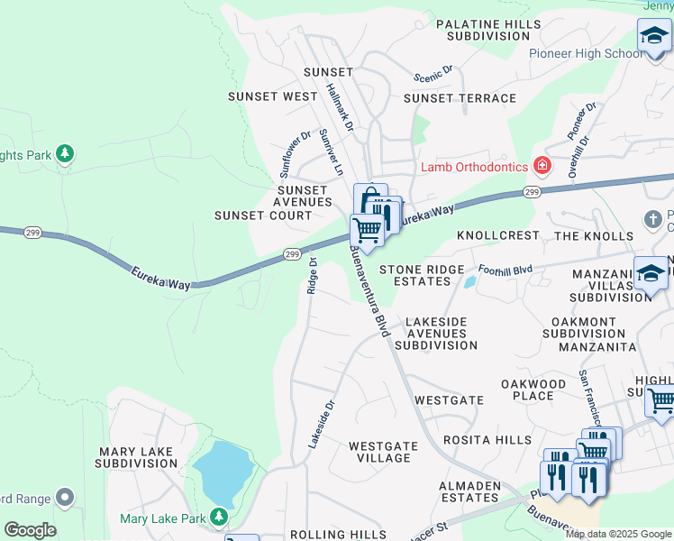 map of restaurants, bars, coffee shops, grocery stores, and more near 1350 Buenaventura Boulevard in Redding