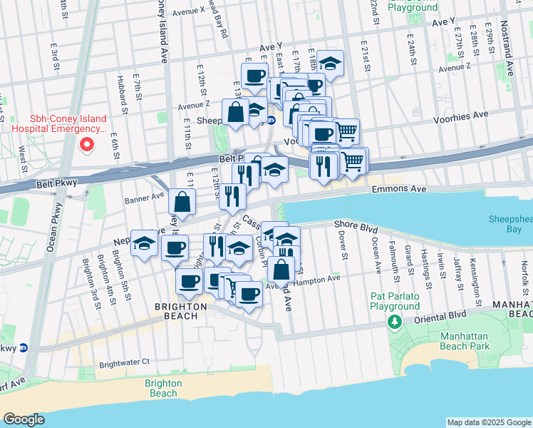 map of restaurants, bars, coffee shops, grocery stores, and more near 10 Shore Boulevard in Brooklyn