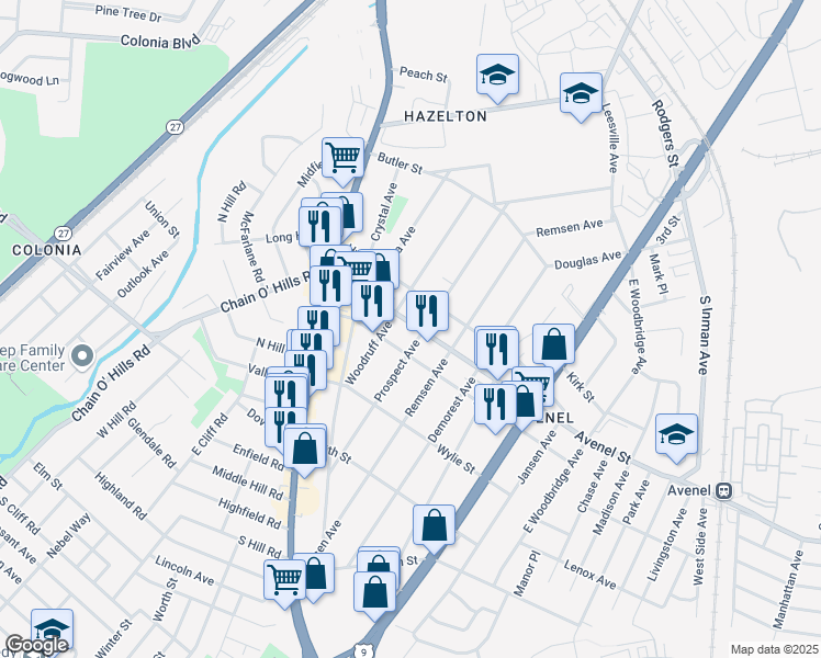 map of restaurants, bars, coffee shops, grocery stores, and more near 460 Avenel Street in Woodbridge Township