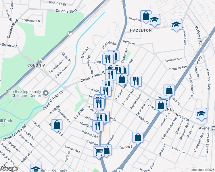 map of restaurants, bars, coffee shops, grocery stores, and more near 1275 Saint Georges Avenue in Woodbridge Township