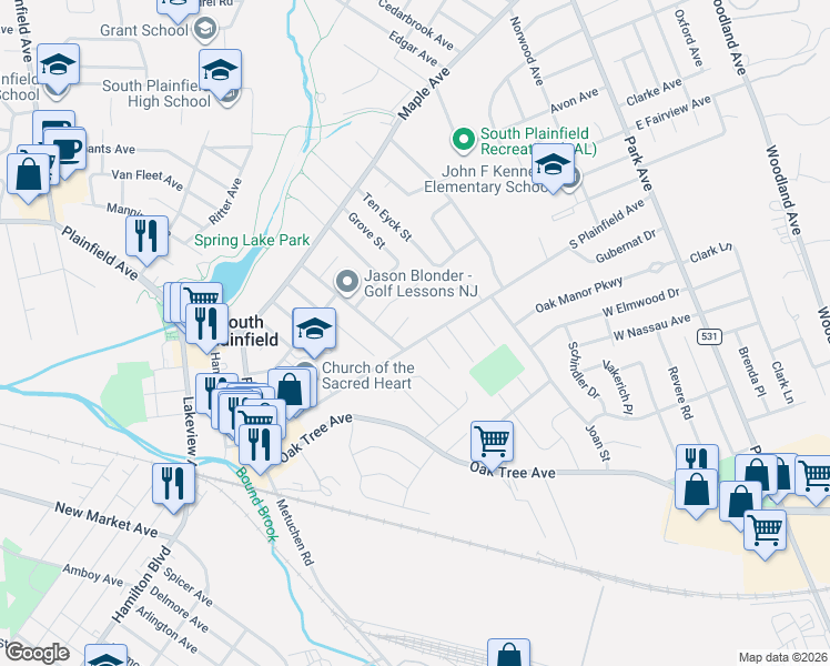 map of restaurants, bars, coffee shops, grocery stores, and more near 265 South Plainfield Avenue in South Plainfield