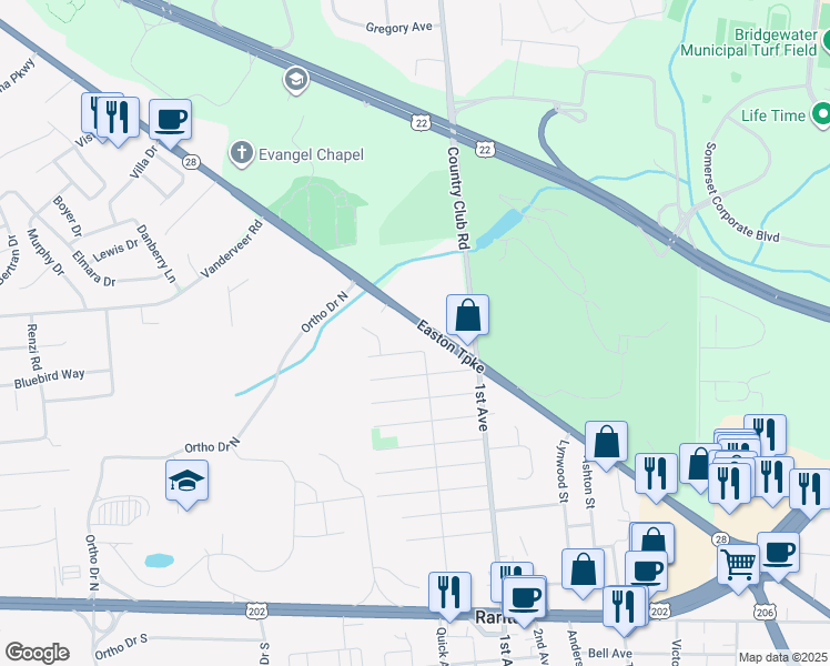 map of restaurants, bars, coffee shops, grocery stores, and more near 6 Decicco Drive in Raritan