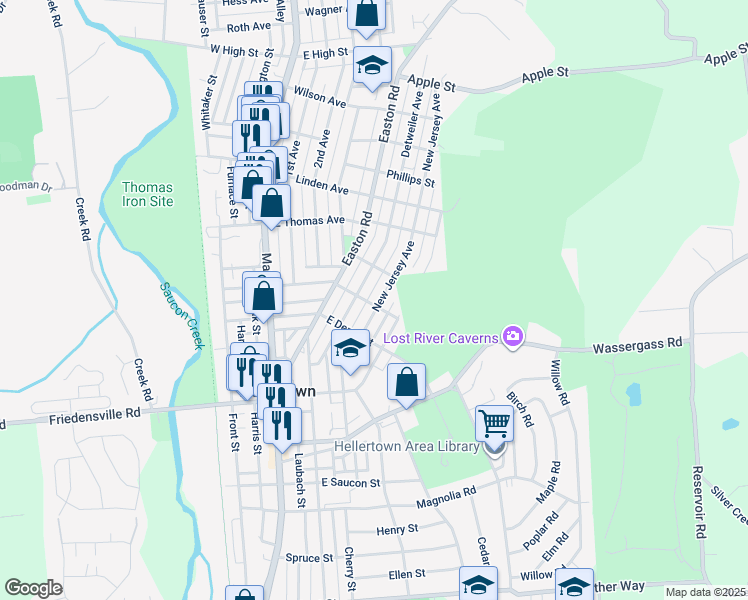 map of restaurants, bars, coffee shops, grocery stores, and more near 1031 New Jersey Avenue in Hellertown
