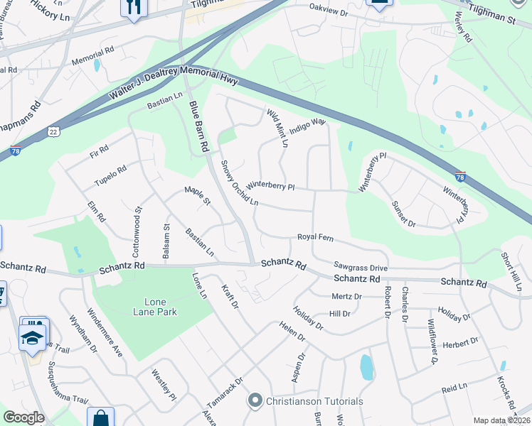 map of restaurants, bars, coffee shops, grocery stores, and more near 5835 Snowy Orchid Lane in Allentown