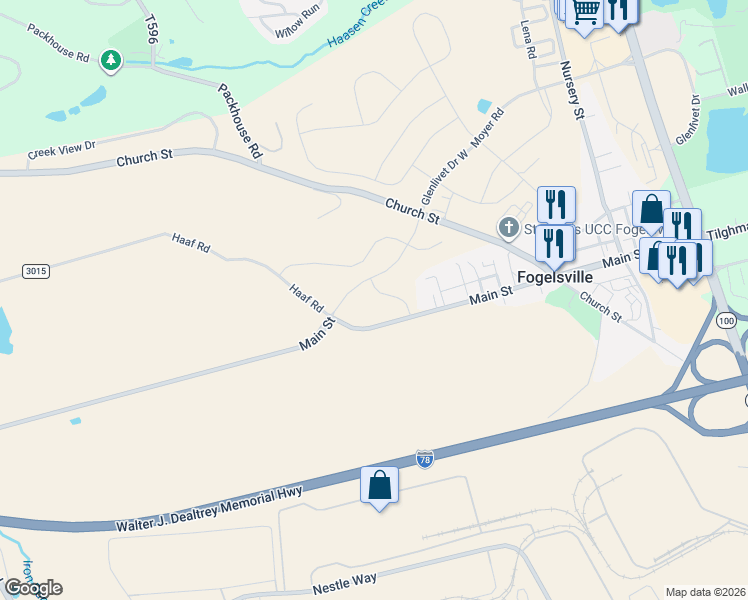 map of restaurants, bars, coffee shops, grocery stores, and more near 8363 Main Street in Fogelsville
