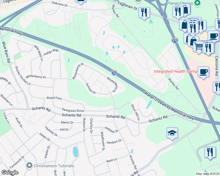 map of restaurants, bars, coffee shops, grocery stores, and more near 15 Krocks Road in Allentown