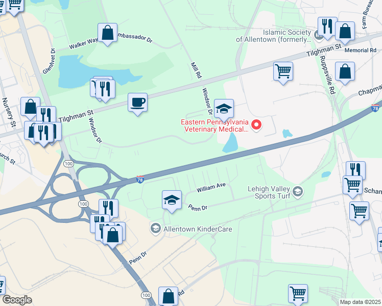 map of restaurants, bars, coffee shops, grocery stores, and more near in Allentown