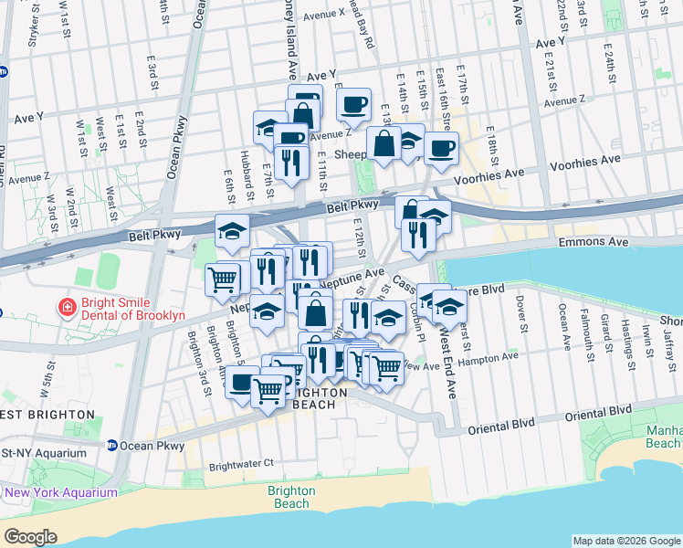 map of restaurants, bars, coffee shops, grocery stores, and more near 2804 East 11th Street in Brooklyn