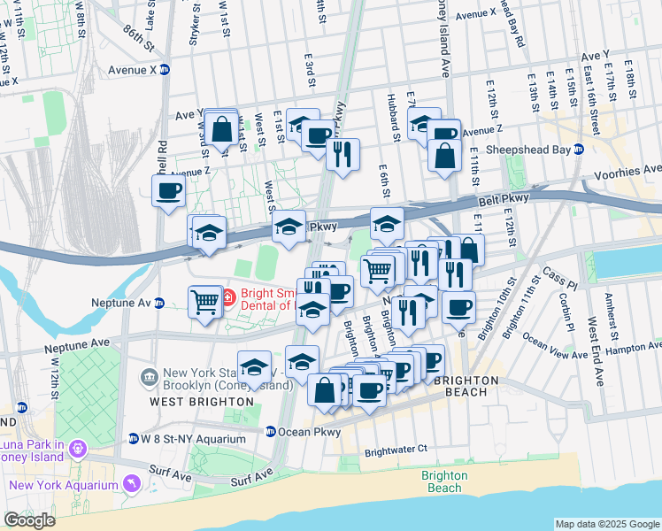 map of restaurants, bars, coffee shops, grocery stores, and more near 2727 Ocean Parkway in Brooklyn