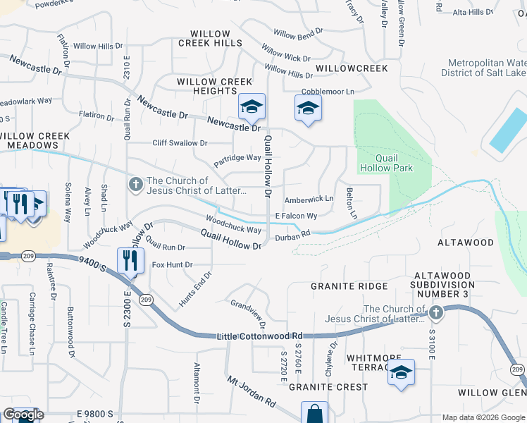 map of restaurants, bars, coffee shops, grocery stores, and more near 2669 Falcon Way in Sandy
