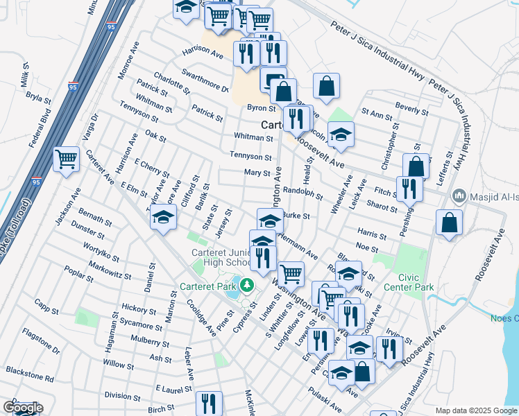 map of restaurants, bars, coffee shops, grocery stores, and more near 12B Catherine Street in Carteret